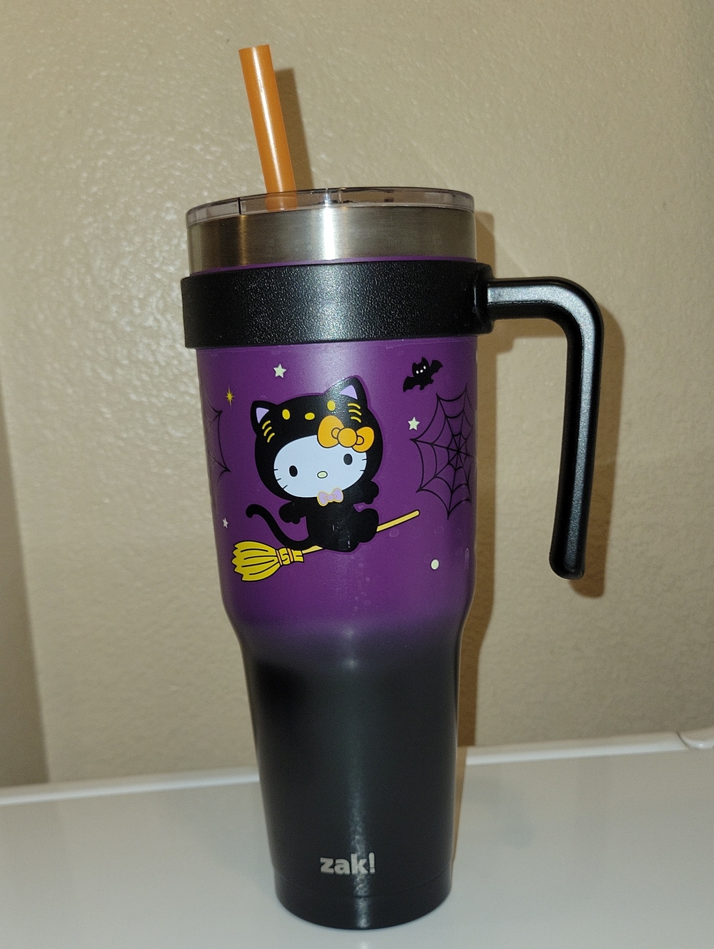 zak! Purple Hello Kitty Cat Witch Travel Tumbler with Handle 40 Oz